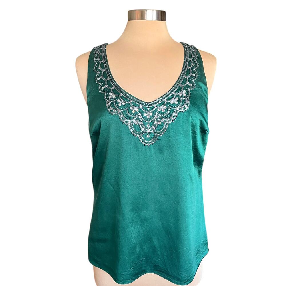 Antonio Melani Emerald Green Silk Top‎ Womens MED Rhinestone Beading Fairy